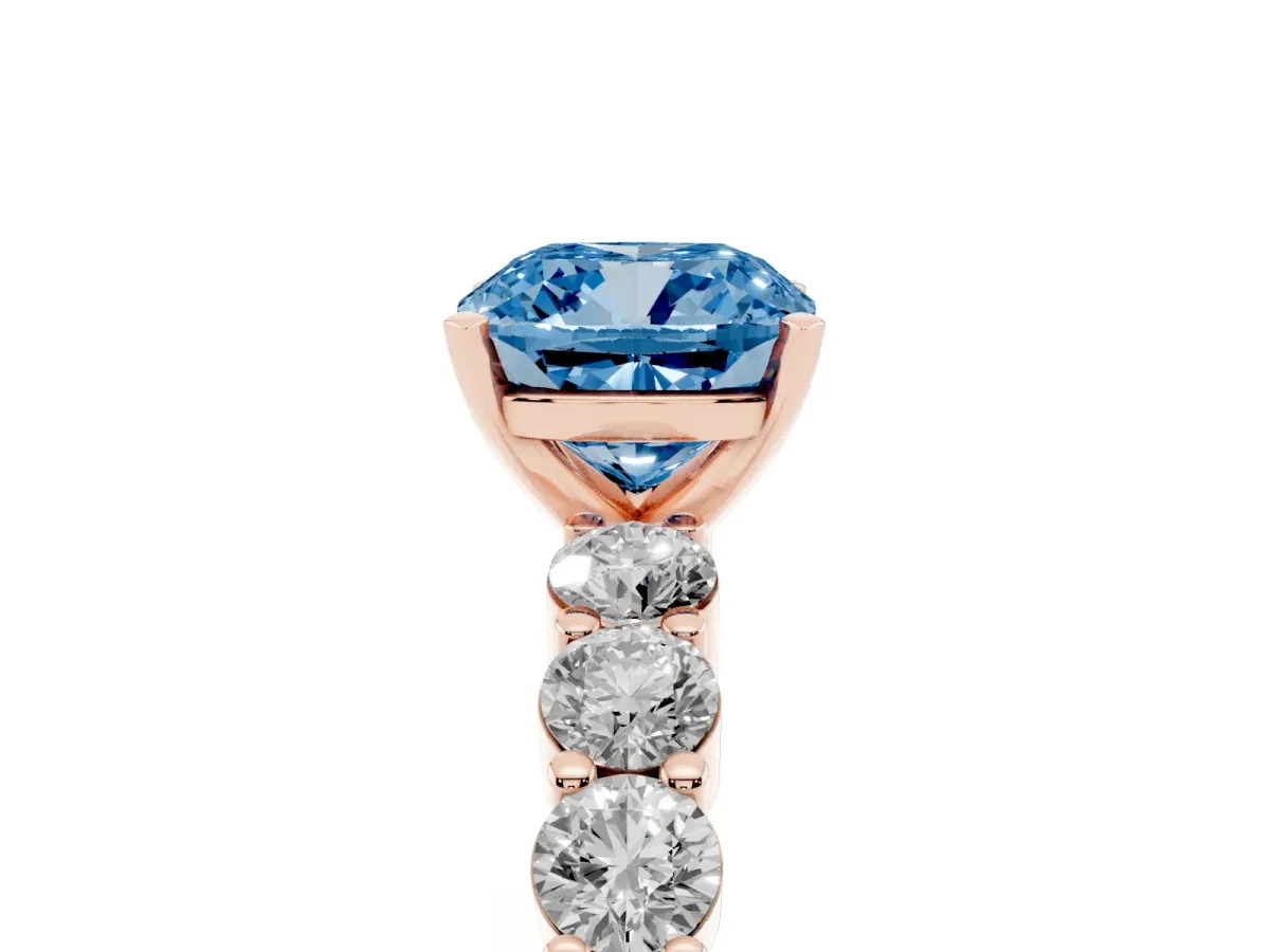 Fancy Blue Cushion Cut Diamond Solitaire Ring with Shared Prong Round Side Stones Rose gold