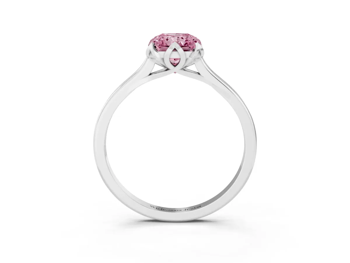 Fancy Pink Radiant Cut Diamond Solitaire Ring with Flower Prong Setting and Classic Band Platinum
