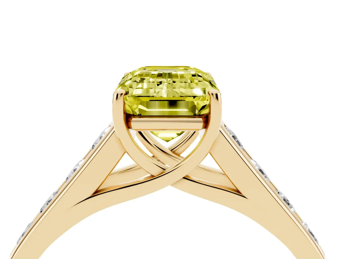 Fancy Yellow Emerald Cut Solitaire Channel-Set Diamond Engagement Ring with Four-Prong Setting Yellow gold
