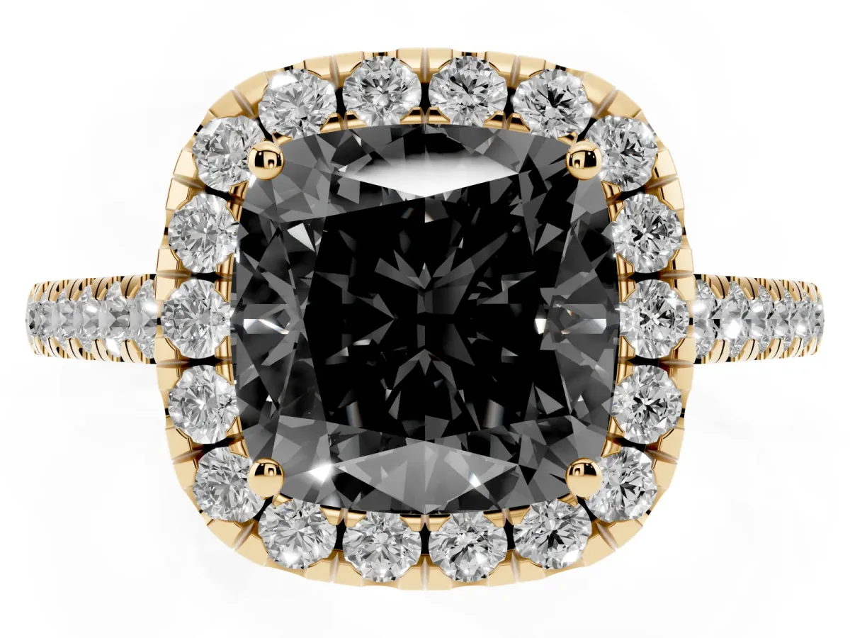 Fancy Black Cushion Cut Halo Pave Diamond Engagement Ring with Four-Prong Setting Yellow gold