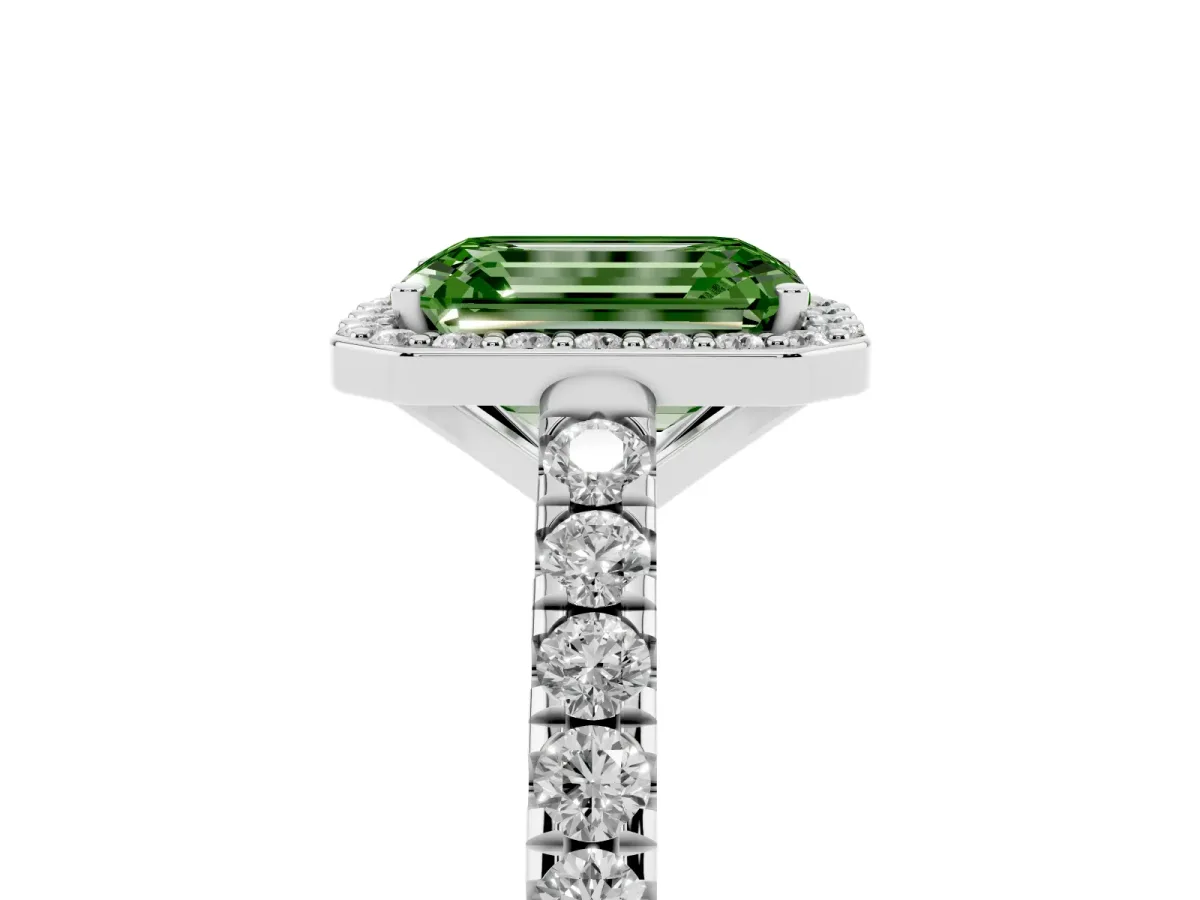 Fancy Green Emerald Cut Cut Halo Diamond Engagement Ring with Pave Band and Four-Prong Setting Platinum