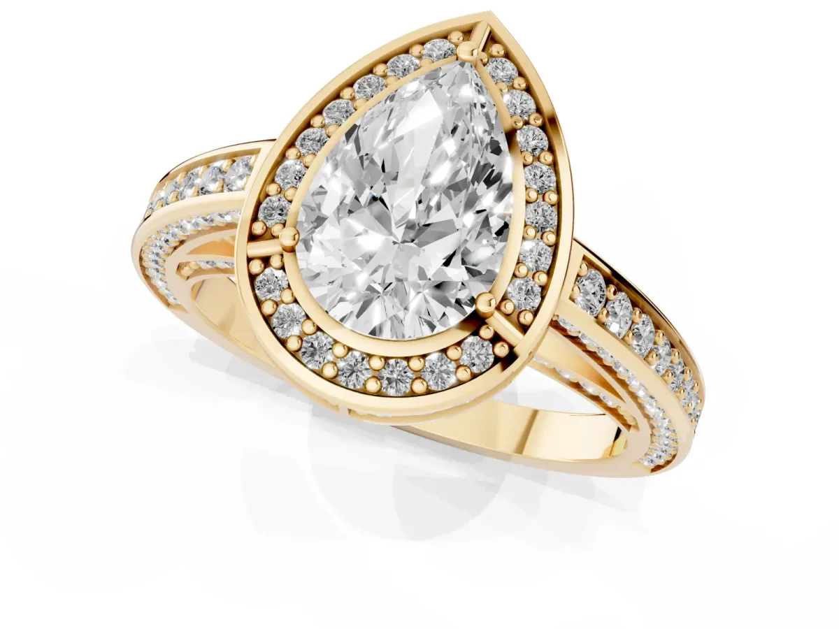 Pear Cut Cut Halo Pave Split Shank Prong Setting Ring Yellow gold
