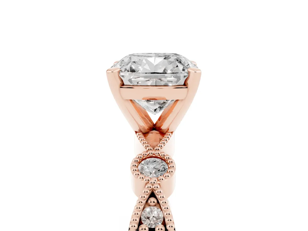 Cushion Cut Milgrain Bezel Diamond Engagement Ring with Solitaire Prong Setting Rose gold