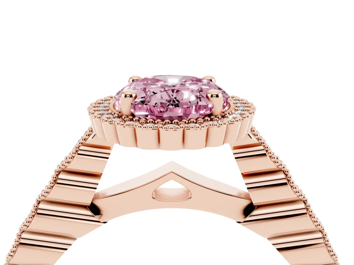 Fancy Pink Oval Cut Cut Halo Pavé Solitaire Ring with Milgrain Band Rose gold