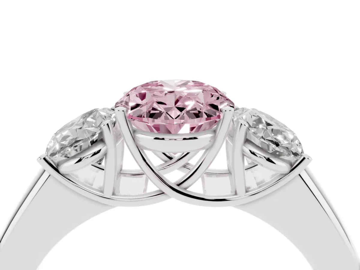 Fancy Pink Three-Stone Oval Cut Cut Diamond Ring with Prong Setting and Classic Band Platinum