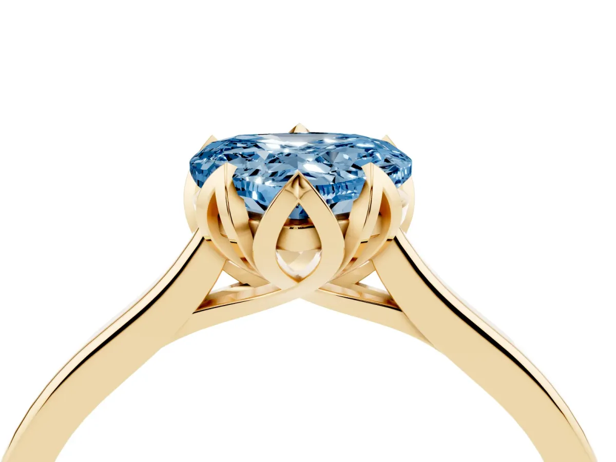 Fancy Blue Heart Cut Diamond Solitaire Ring with Flower Prong Setting and Classic Band Yellow gold