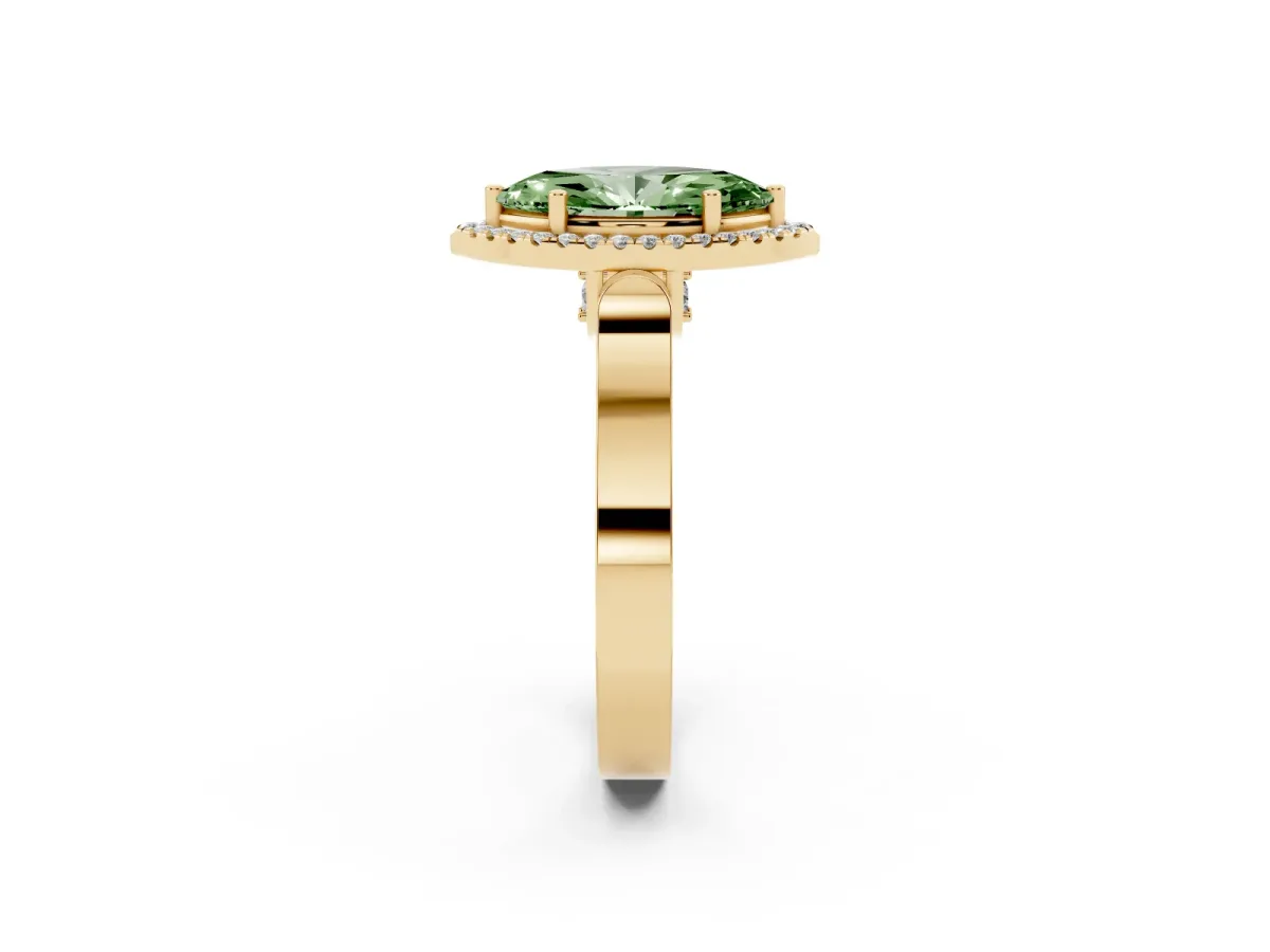 Fancy Green Marquise Cut Halo Round Diamond Twist Band with Four-Prong Setting Yellow gold