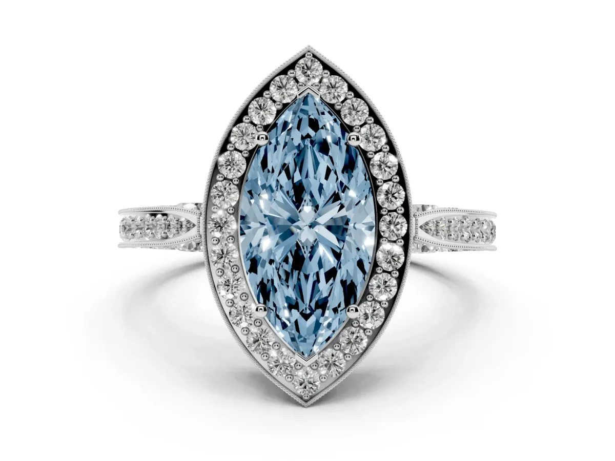 Fancy Blue Marquise Cut Halo Diamond Engagement Ring with Split Shank Band and Four-Prong Setting Silver
