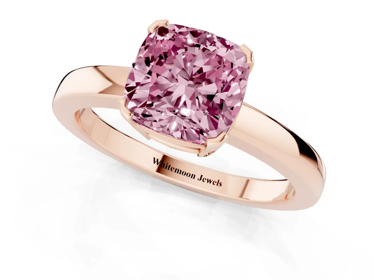 Fancy Pink Cushion Cut Cut Solitaire Ring with Four-Prong Setting and Classic Band Rose gold
