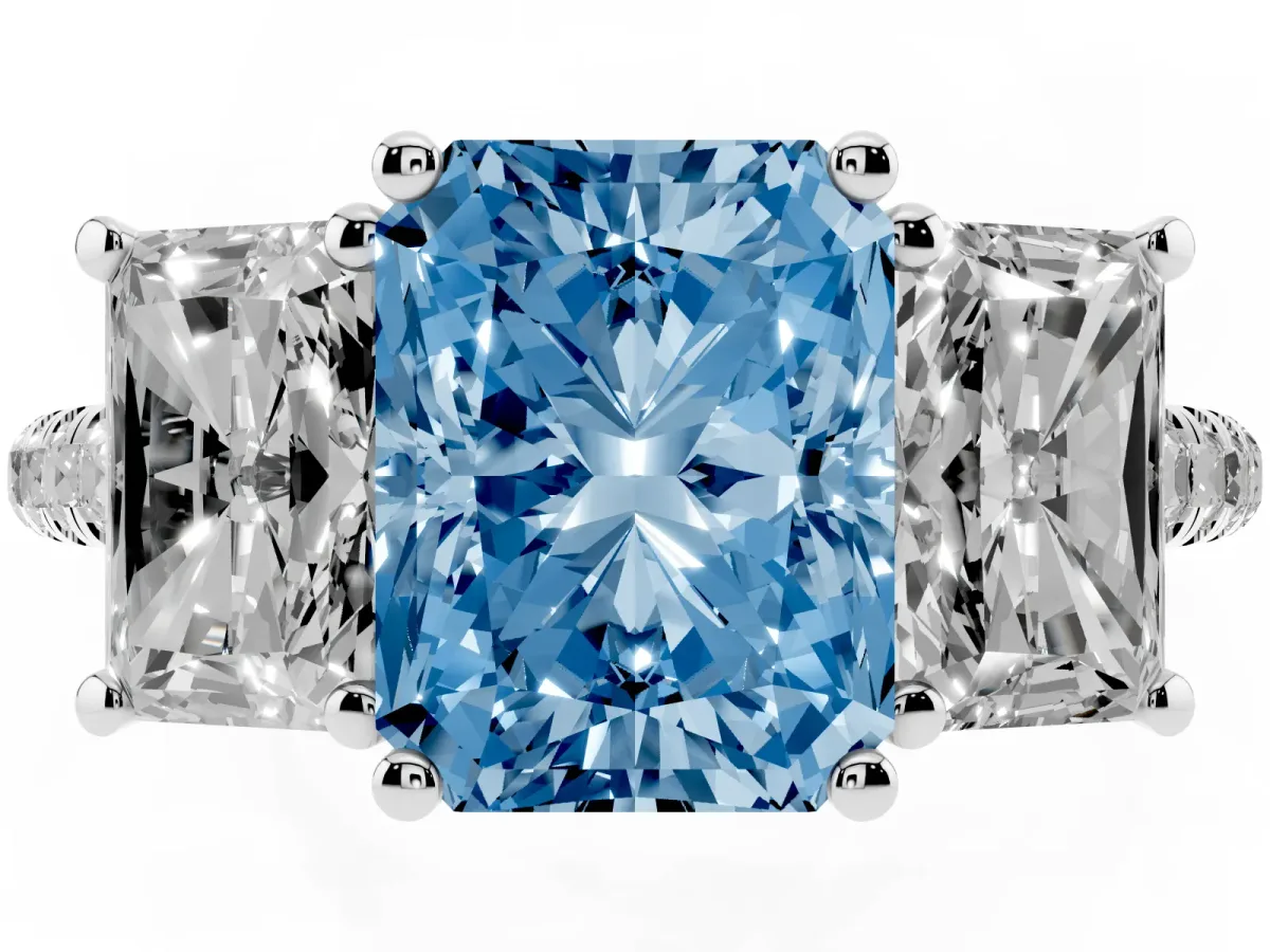 Fancy Blue Three-Stone Radiant Cut Diamond Ring with Round Pavé Band and Prong Setting Silver