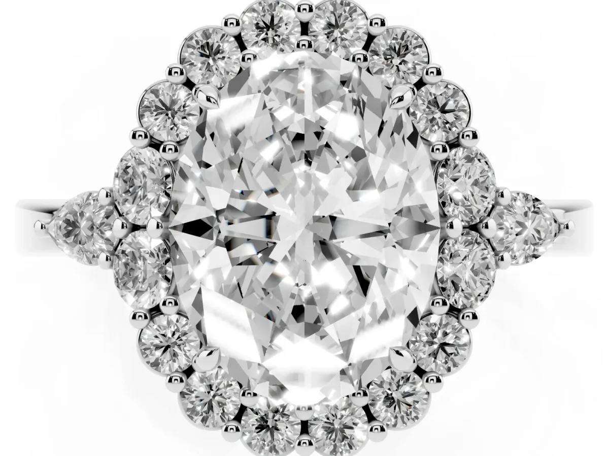 Oval Cut Diamond Halo Ring with Pear Side Stones and Prong Setting Silver