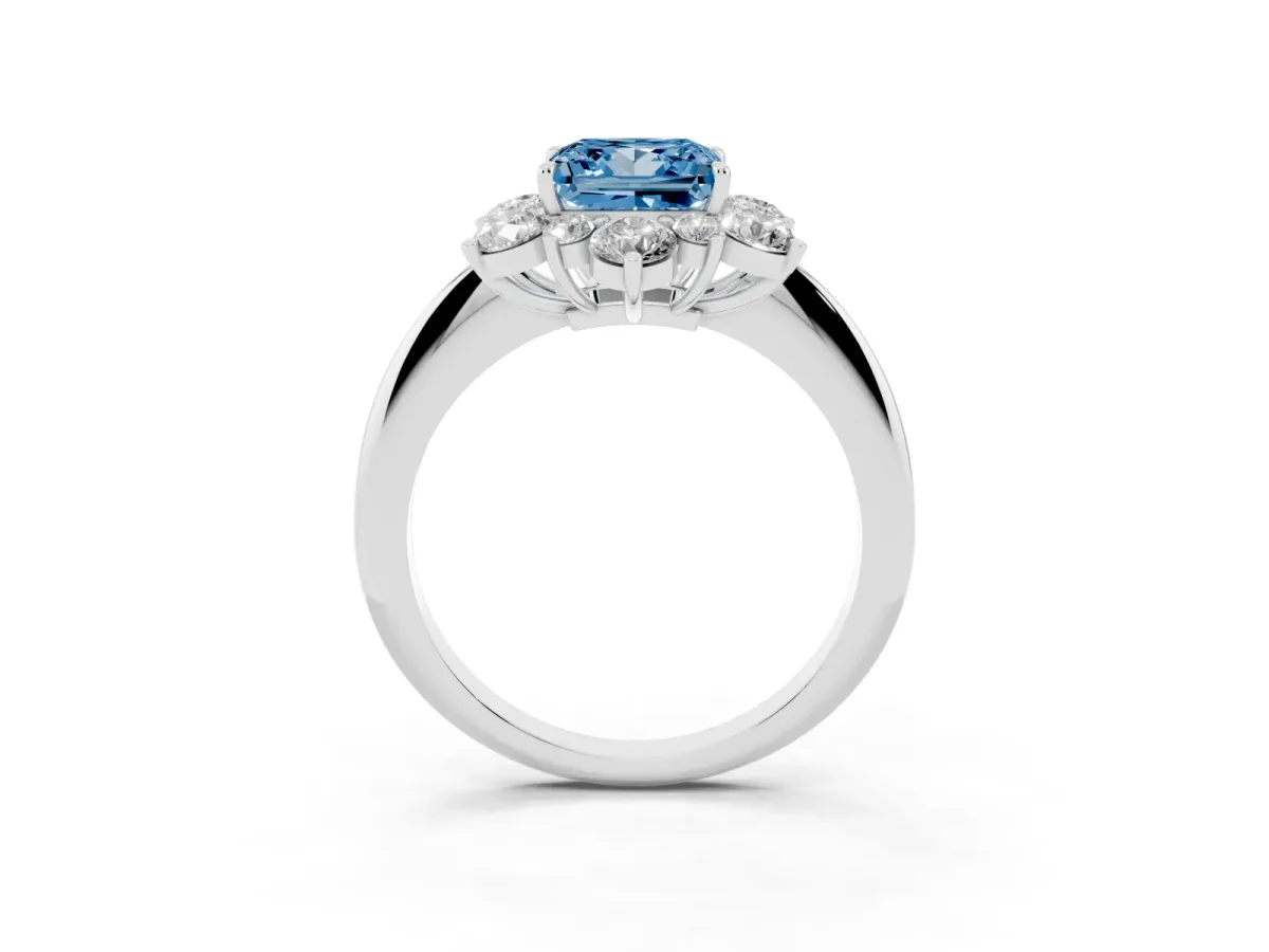 Fancy Blue Princess Cut Diamond Cluster Halo Ring with Solitaire Band and Four-Prong Setting White gold