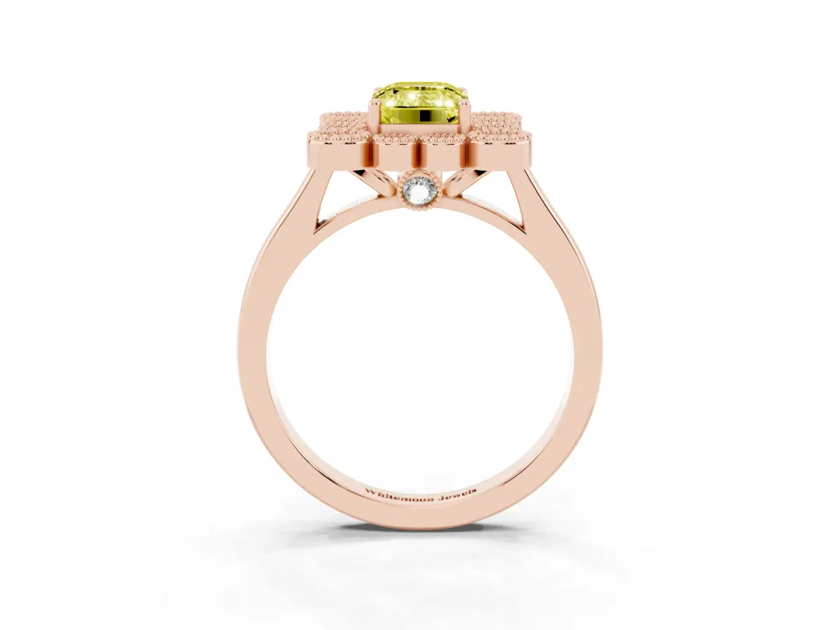 Fancy Yellow Emerald Cut Halo Diamond Cluster Engagement Ring with Milgrain Bezel Setting and Solitaire Band Rose gold