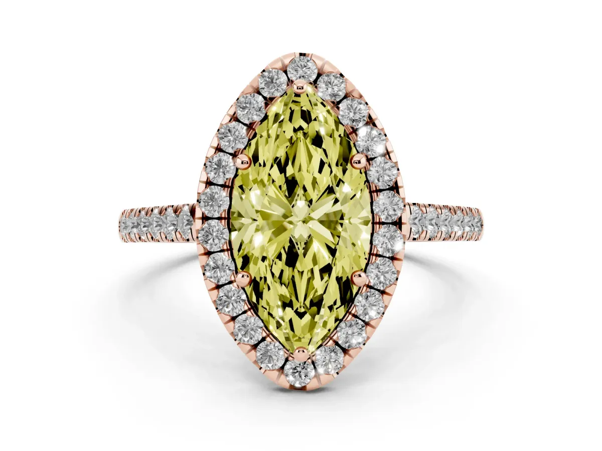 Fancy Yellow Marquise Cut Halo Pave Diamond Engagement Ring with Four-Prong Setting Rose gold