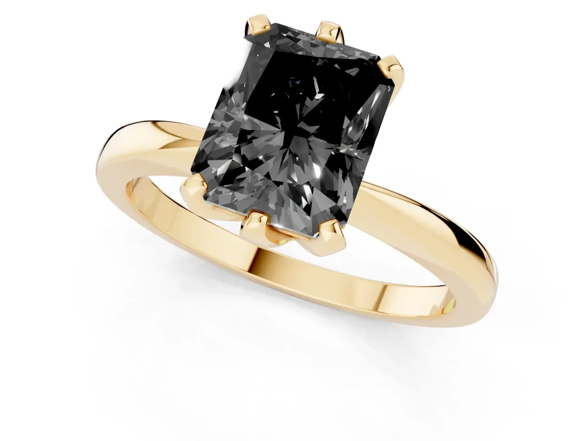 Fancy Black Radiant Cut Solitaire Engagement Ring with Six-Prong Setting and Tapered Band Yellow gold