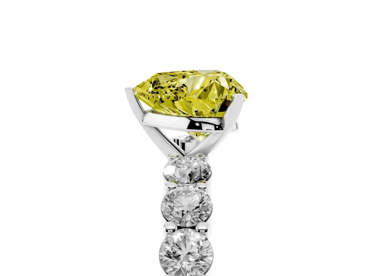 Fancy Yellow Heart Cut Diamond Solitaire Ring with Shared Prong Round Side Stones Silver
