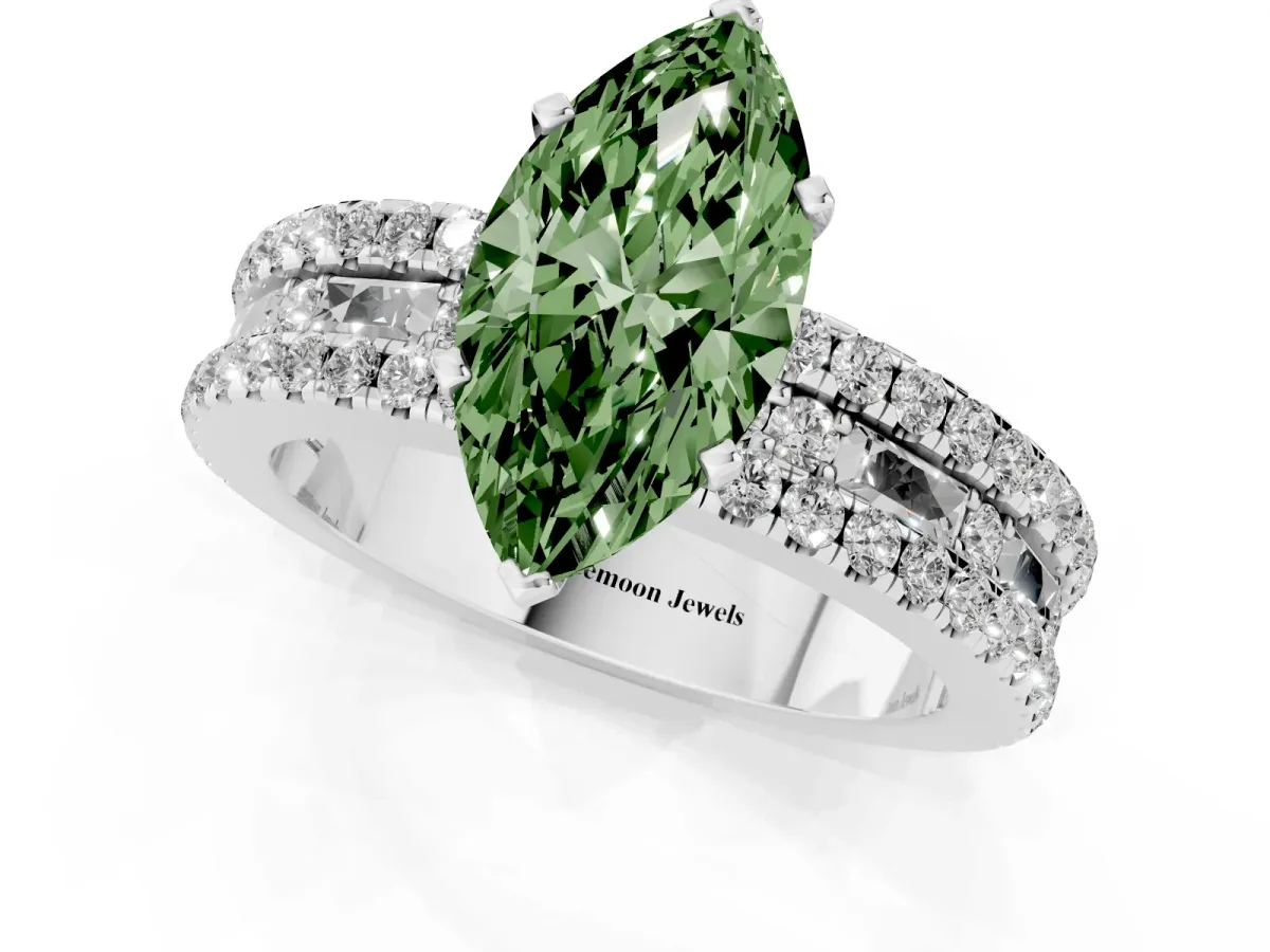 Fancy Green Marquise Cut Diamond Solitaire Ring with Pavé and Channel Set Band Platinum