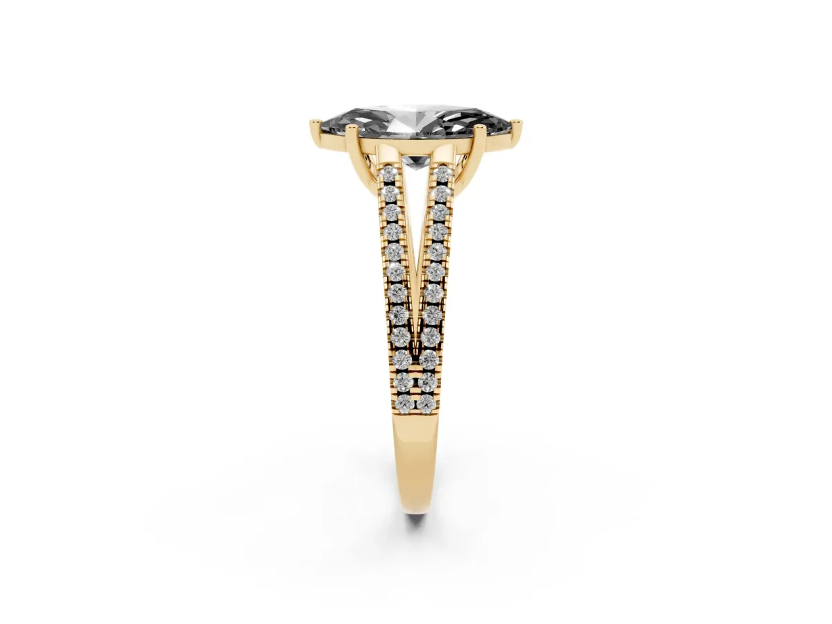 Fancy Black Marquise Cut Diamond Solitaire Engagement Ring with Split Shank Pavé Band Yellow gold