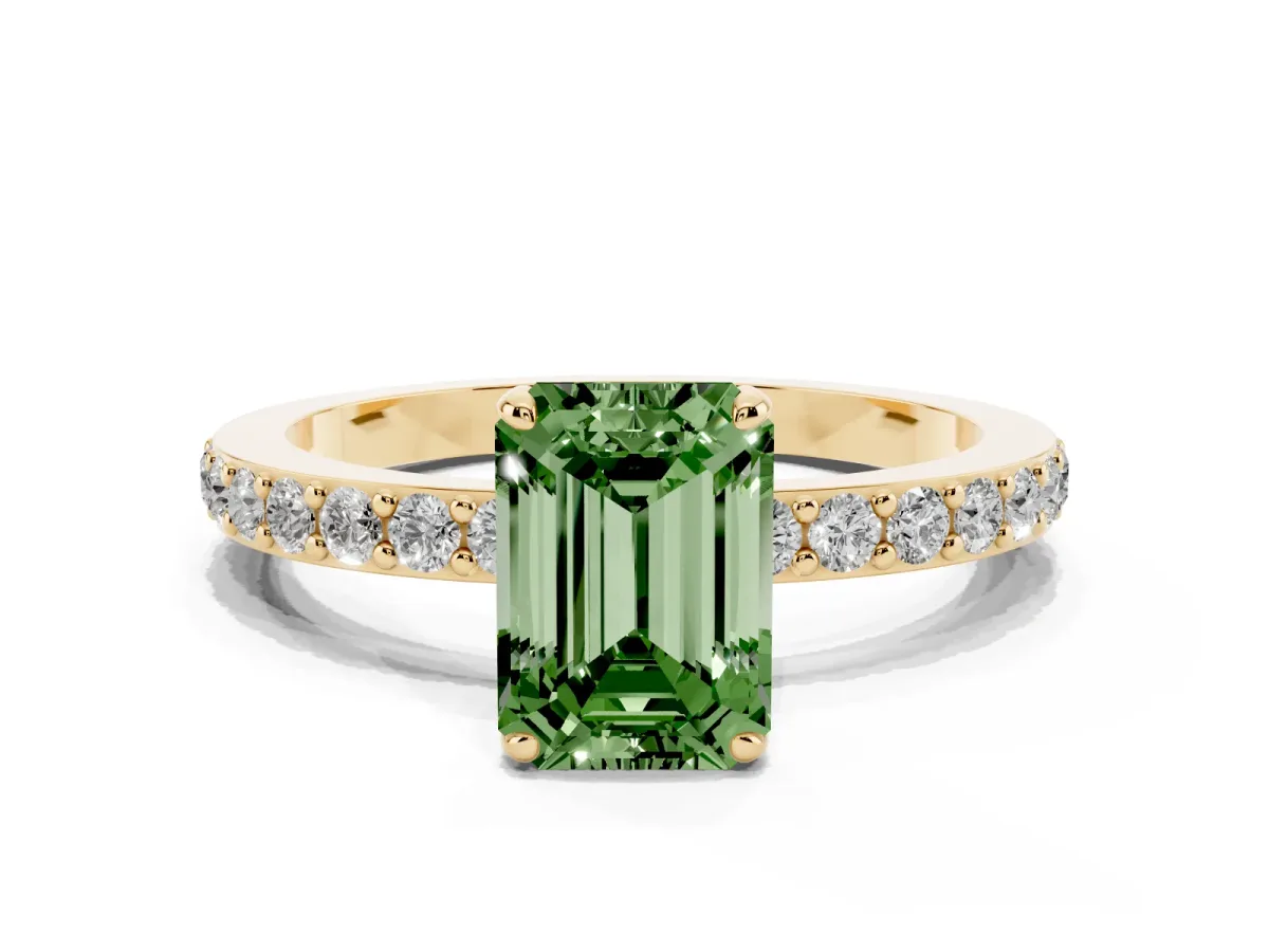 Fancy Green Emerald Cut Diamond Pavé Engagement Ring with Round Accents and Prong Setting Yellow gold