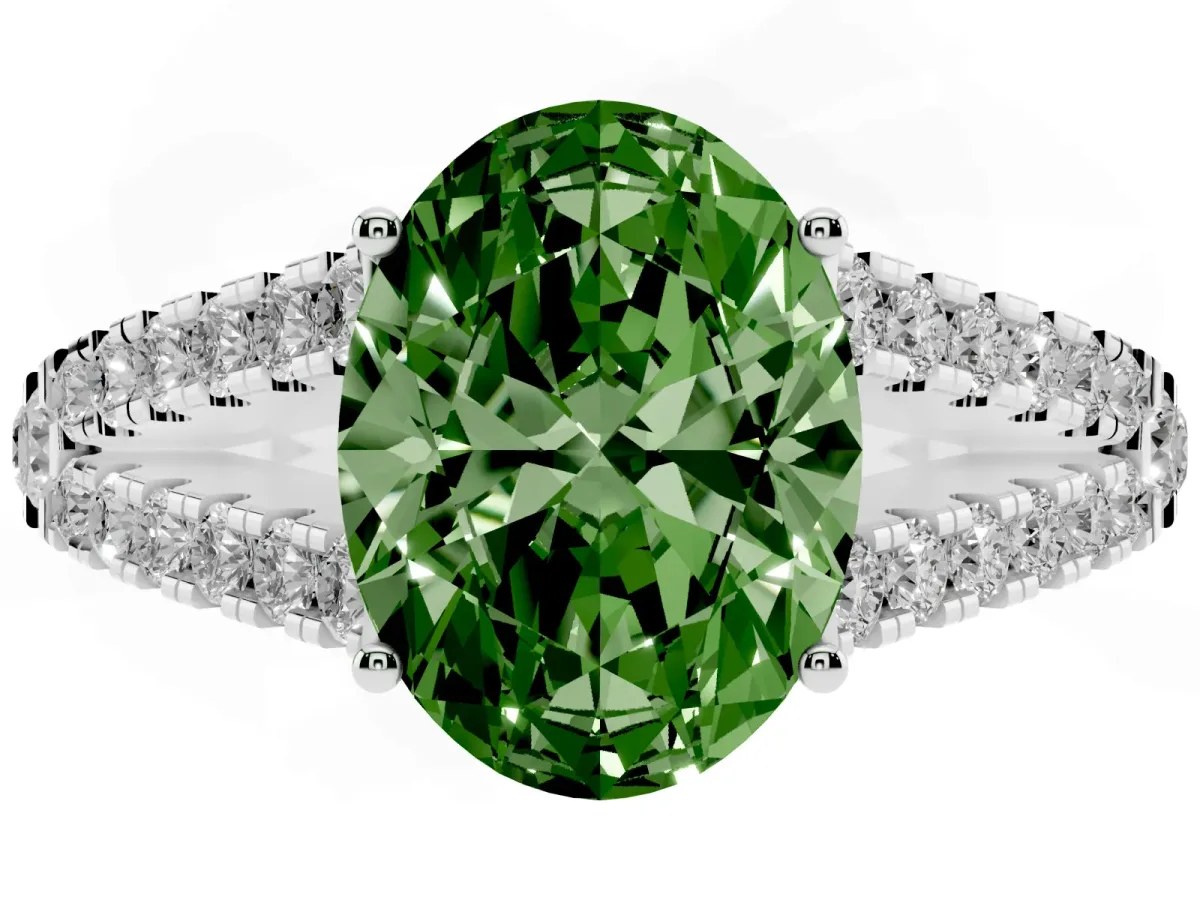 Fancy Green Oval Cut Diamond Split Shank Pavé Engagement Ring with Four-Prong Setting White gold