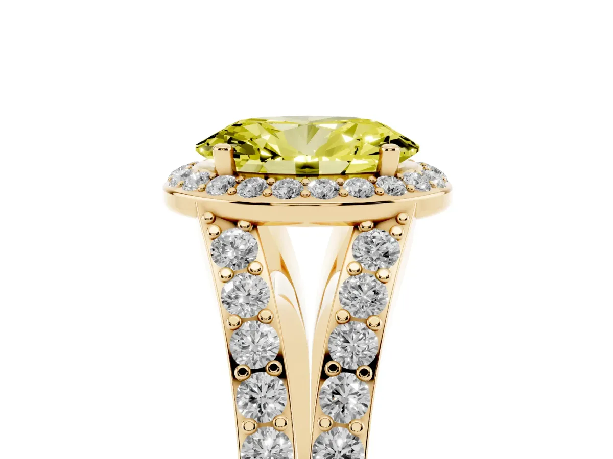 Fancy Yellow Oval Cut Diamond Split Shank Halo Ring with Four-Prong Setting Yellow gold