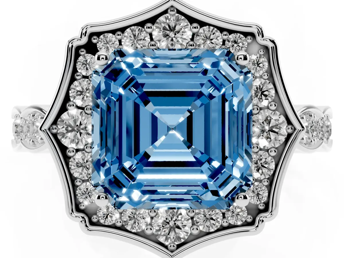 Fancy Blue Asscher Cut Halo Diamond Engagement Ring with Milgrain Band and Four-Prong Setting Silver