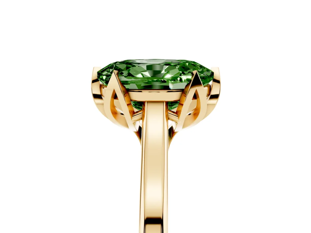 Fancy Green Oval Cut Diamond Solitaire Ring with Flower Prong Setting and Classic Band Yellow gold