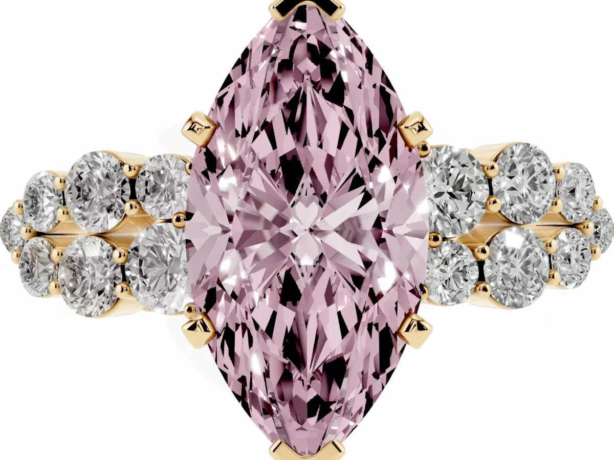Fancy Pink Marquise Cut Cluster Diamond Engagement Ring with Pavé Band and Four-Prong Setting Yellow gold