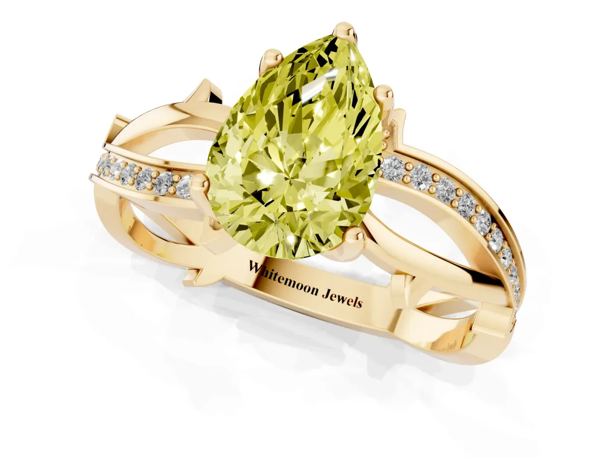 Fancy Yellow Pear Cut Solitaire Twist Band with Pavé Accents and Four-Prong Setting Yellow gold