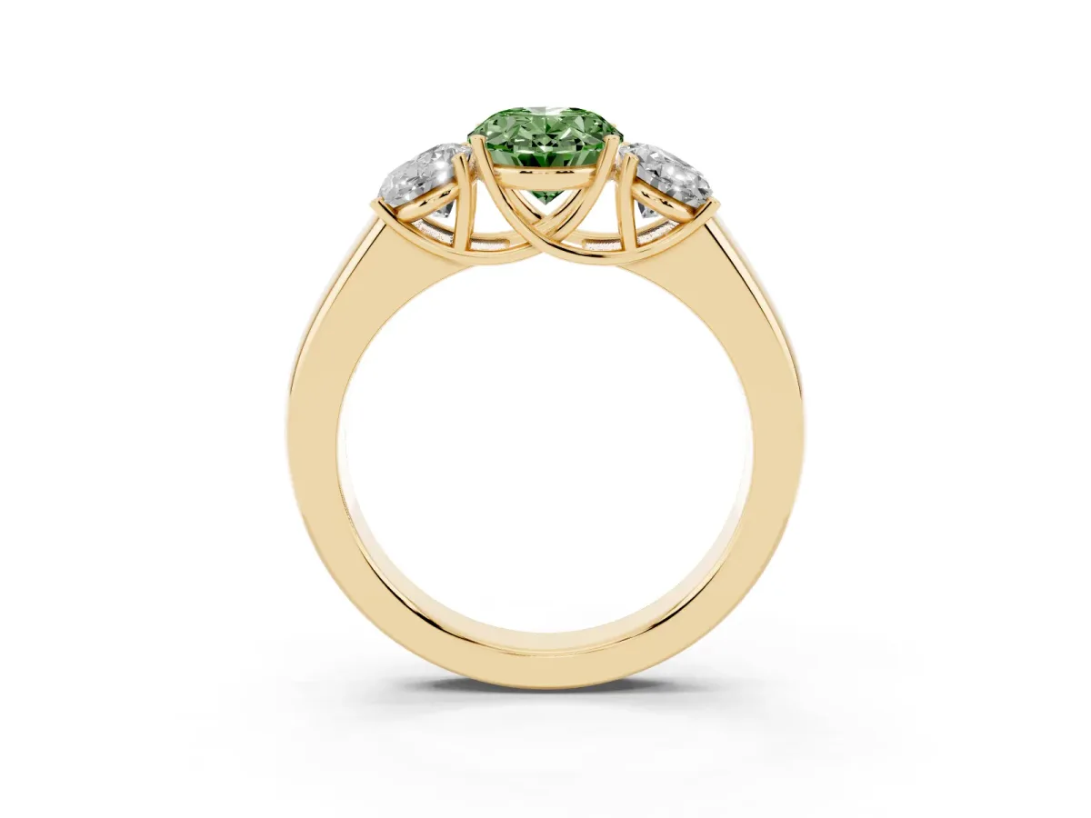 Fancy Green Three-Stone Oval Cut Cut Diamond Ring with Prong Setting and Classic Band Yellow gold