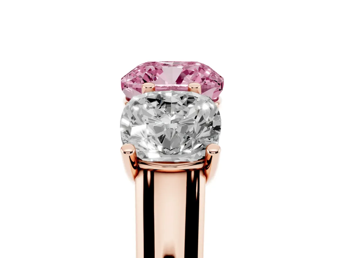 Fancy Pink Cushion Cut Three-Stone Diamond Ring with Prong Setting on a Classic Band Rose gold