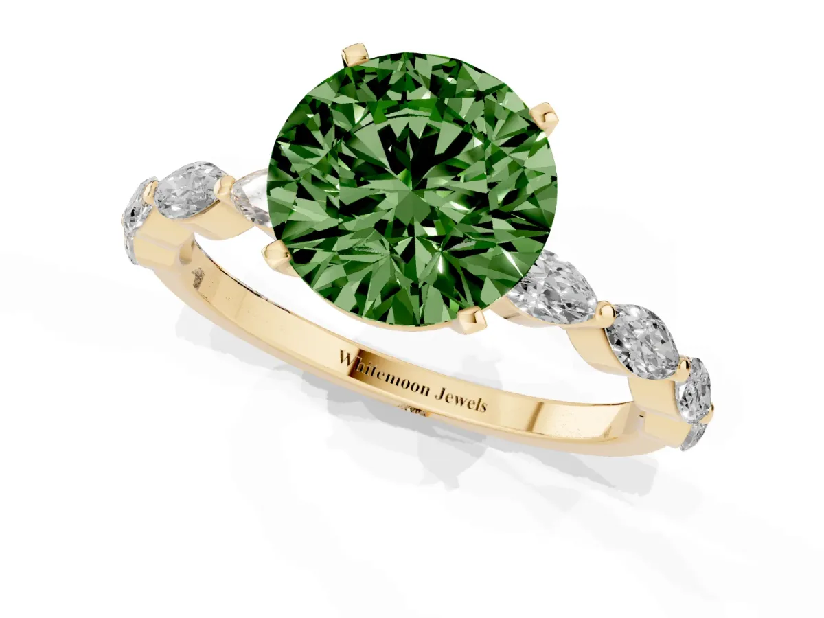 Fancy Green Round Cut Diamond Ring with Marquise Side Stones and Prong Setting Yellow gold