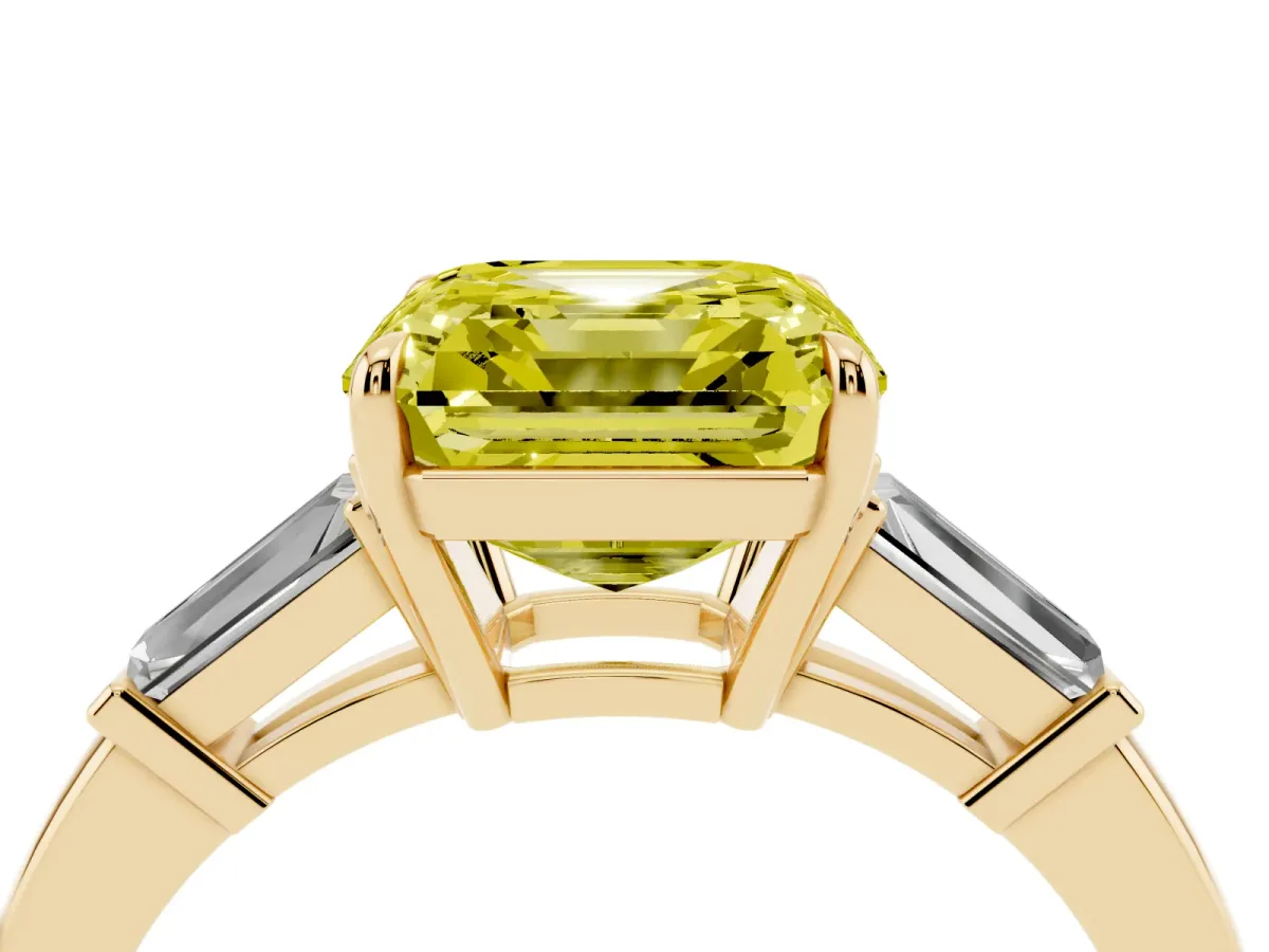 Fancy Yellow Asscher Cut Diamond Three-Stone Ring with Tapered Baguette Side Stones and Prong Setting Yellow gold