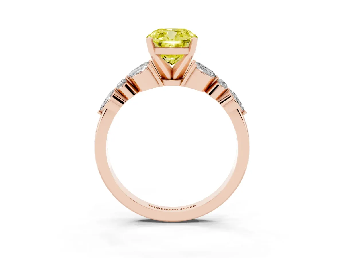 Fancy Yellow Cushion Cut Diamond Solitaire Ring with Side Stones and Four-Prong Setting Rose gold