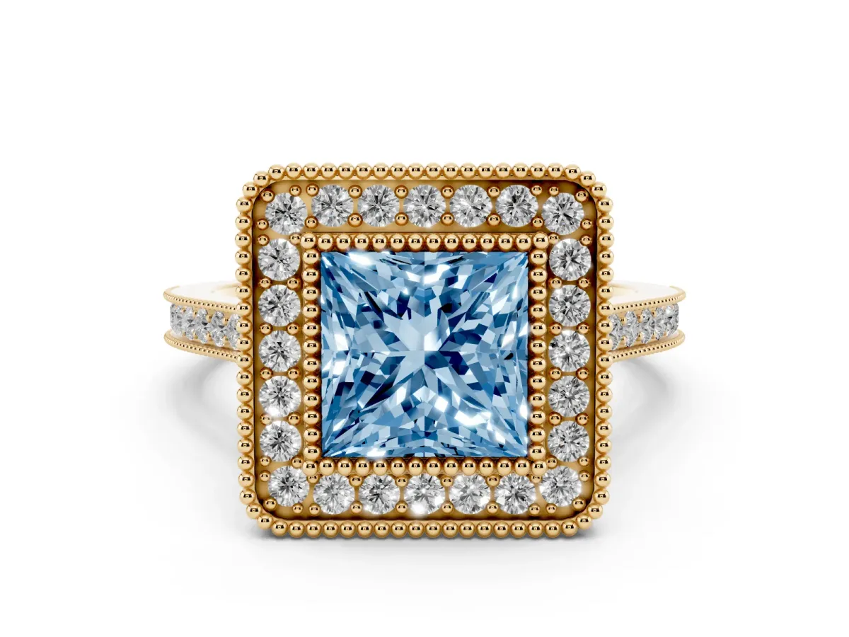 Fancy Blue Princess Cut Diamond Halo Ring with Milgrain Frame and Pavé Band Yellow gold
