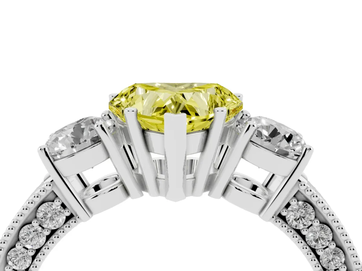 Fancy Yellow Heart Cut Three-Stone Diamond Ring with Pavé Band and Four-Prong Setting Silver