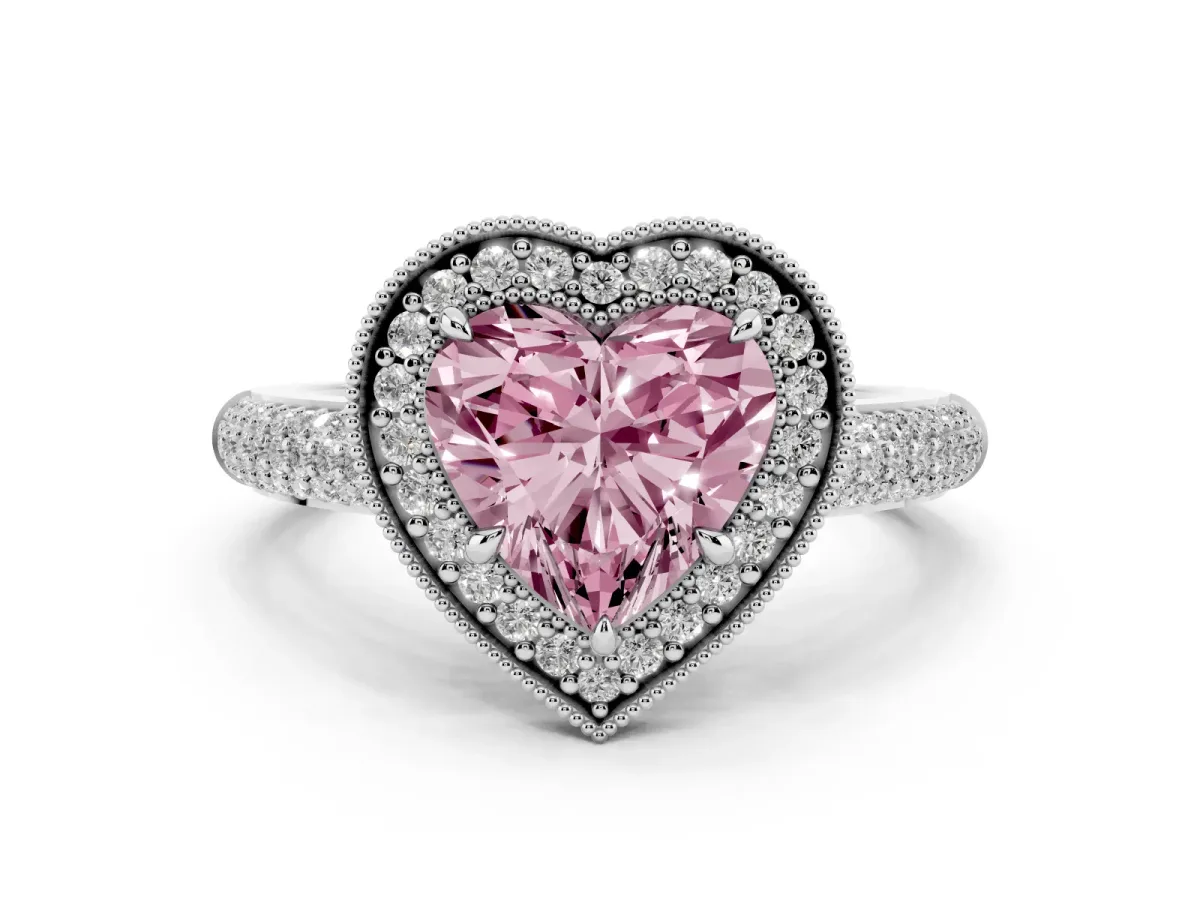 Fancy Pink Heart Cut Cut Halo Diamond Pave Band with Four-Prong Setting Silver