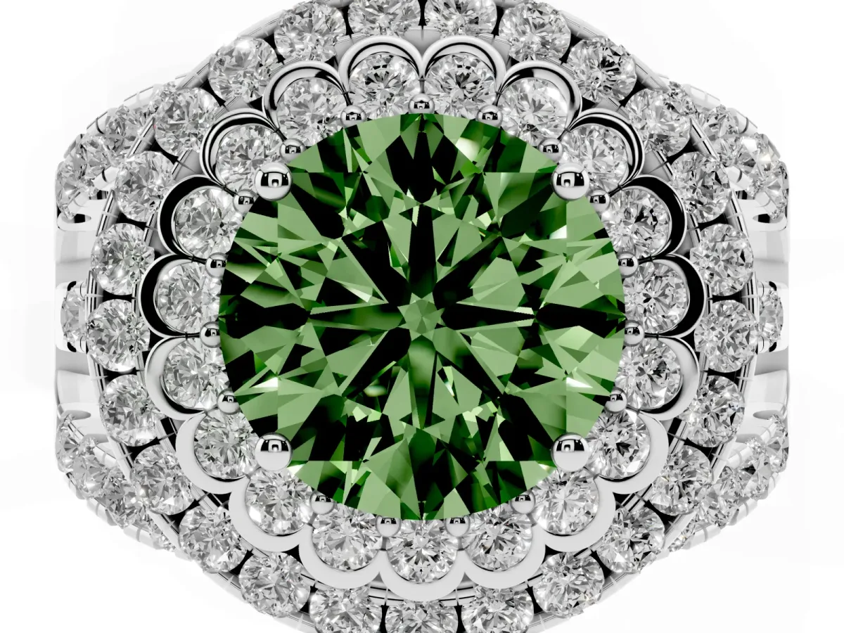 Fancy Green Round Cut Diamond Double Halo Ring with Round Pavé Split Shank and Prong Setting Silver
