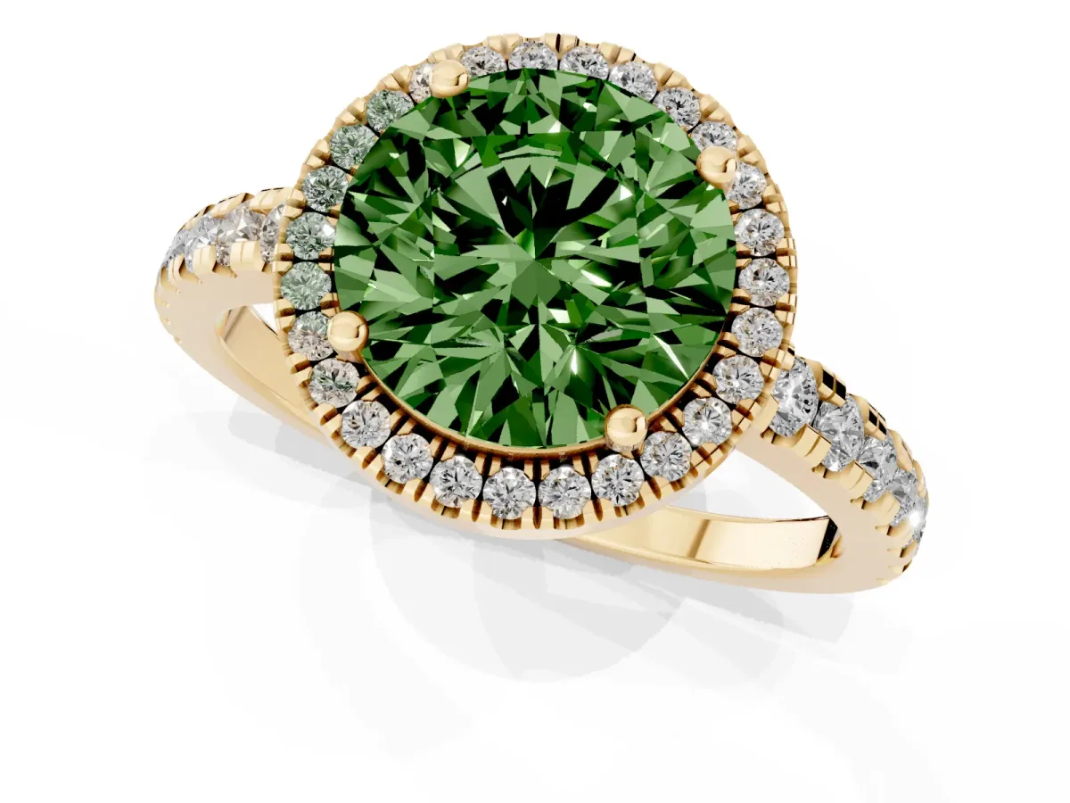 Fancy Green Round Cut Diamond Halo Ring with Pavé Band and Four-Prong Setting Yellow gold