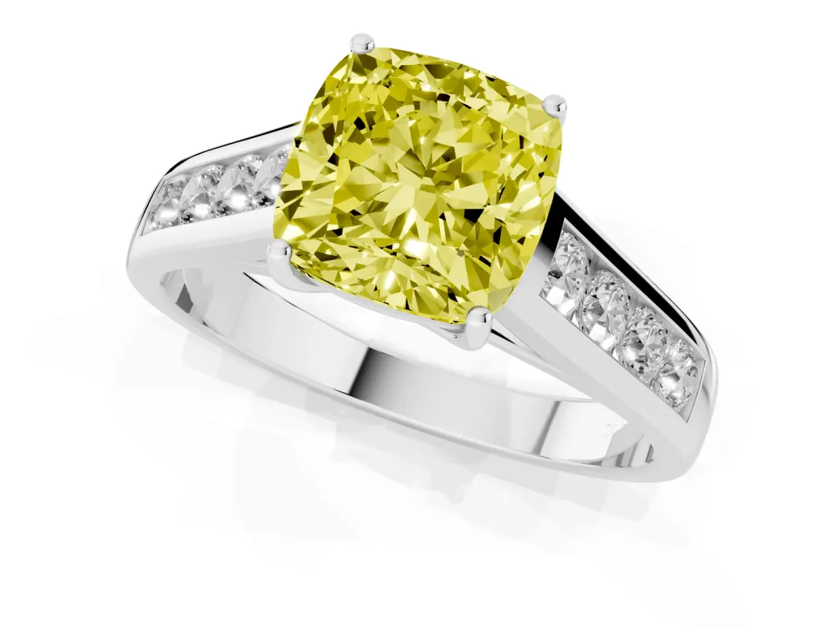 Fancy Yellow Cushion Cut Brilliant Channel-Set Solitaire Ring with Four-Prong Setting Platinum