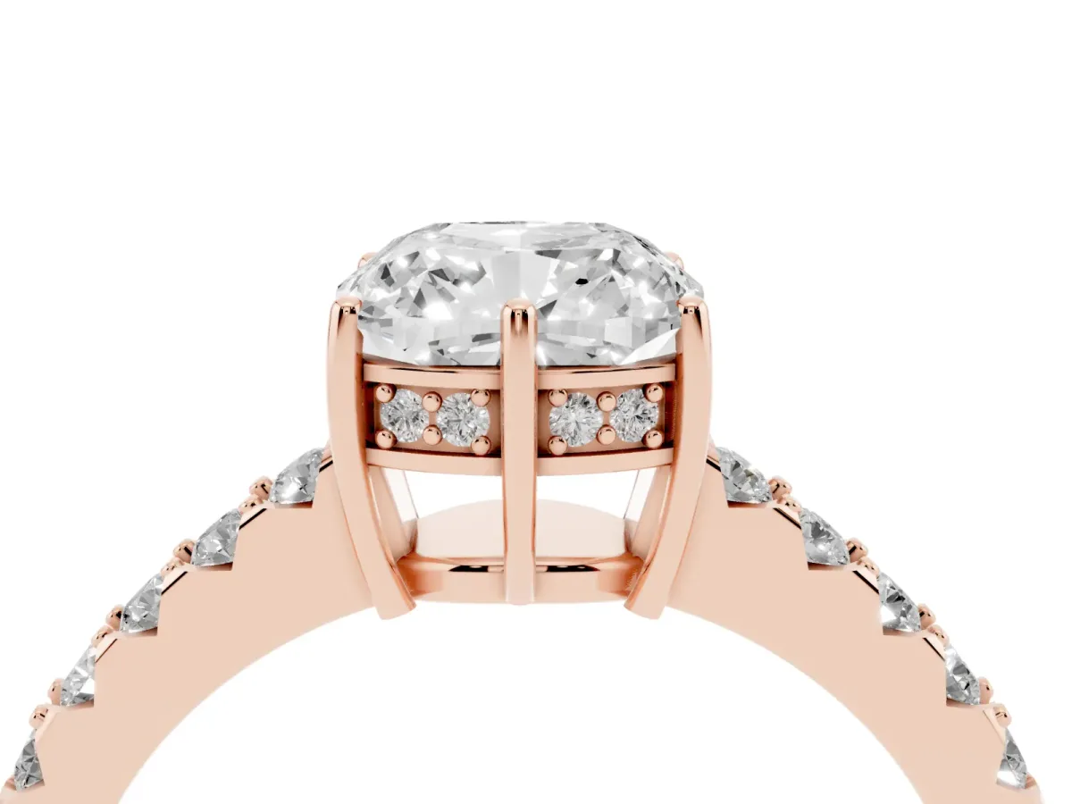 Cushion Cut Solitaire Diamond Engagement Ring with Pavé Band and Six-Prong Setting Rose gold