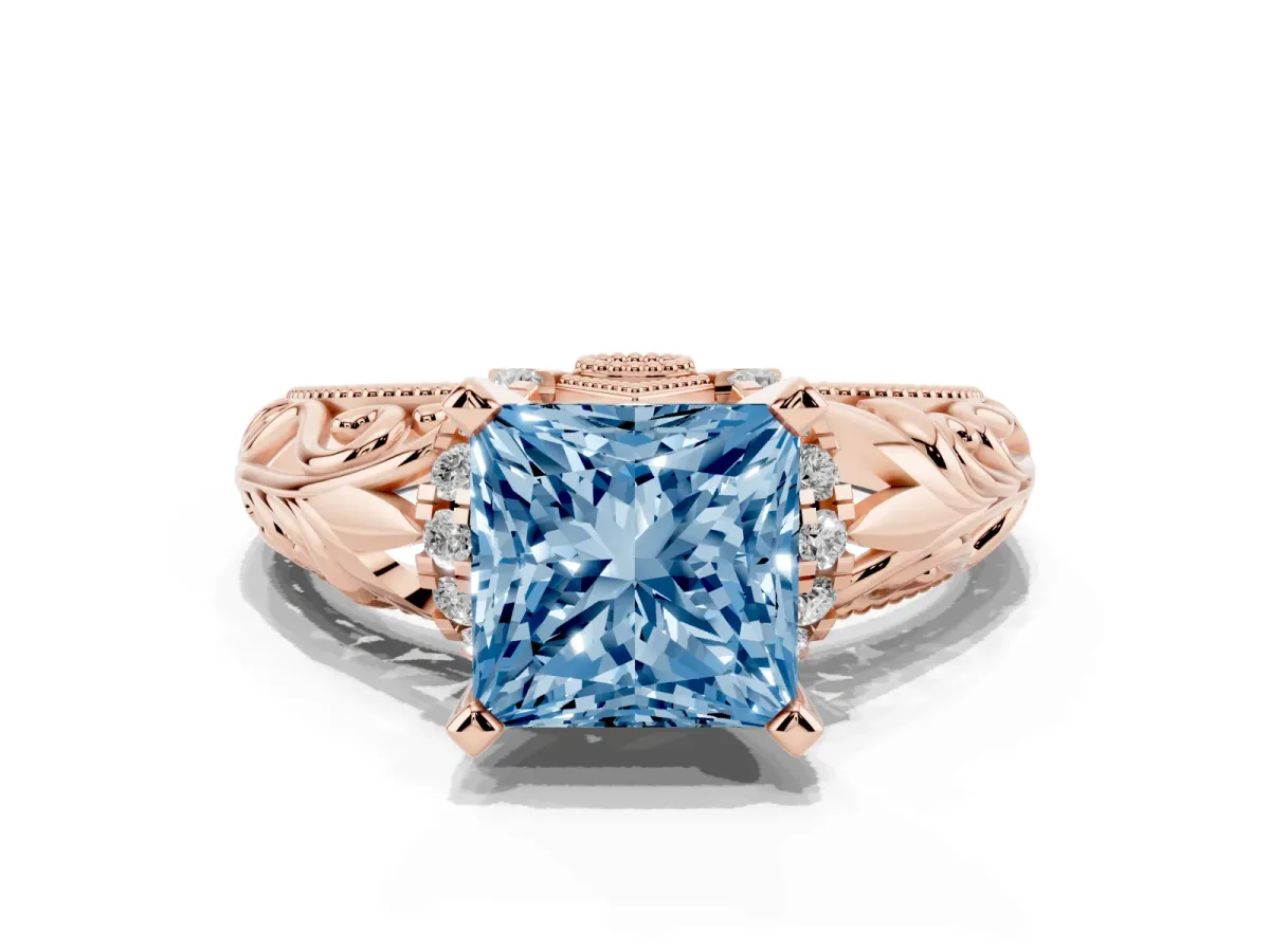 Fancy Blue Princess Cut Solitaire Filigree Engagement Ring with Halo and Prong Setting Rose gold