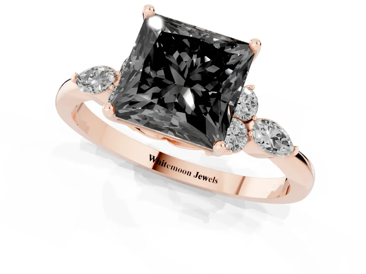 Fancy Black Princess Cut Brilliant Diamond Solitaire Ring with Pear Side Stones and Four-Prong Setting Rose gold