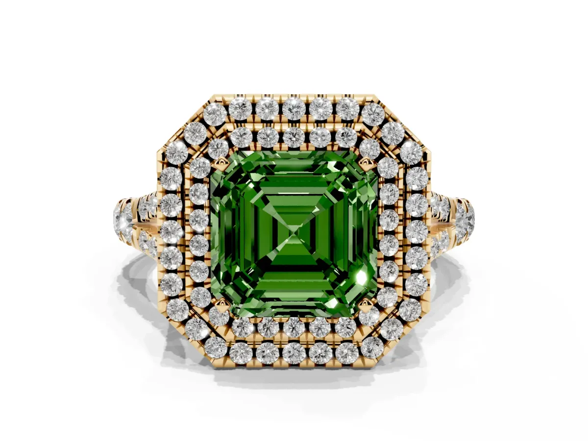 Fancy Green Asscher Cut Diamond Pavé Split Shank Double Halo Engagement Ring Yellow gold