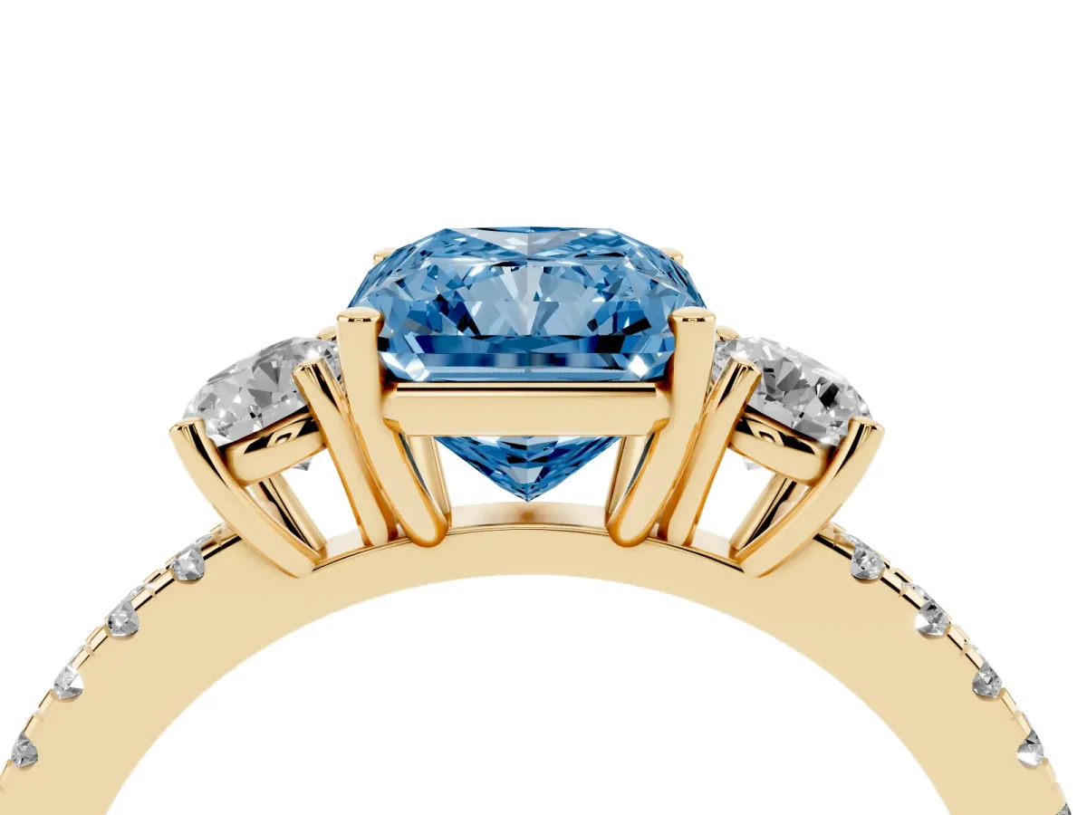 Fancy Blue Three-Stone Radiant Cut Cut Diamond Pavé Band with Prong Setting Yellow gold