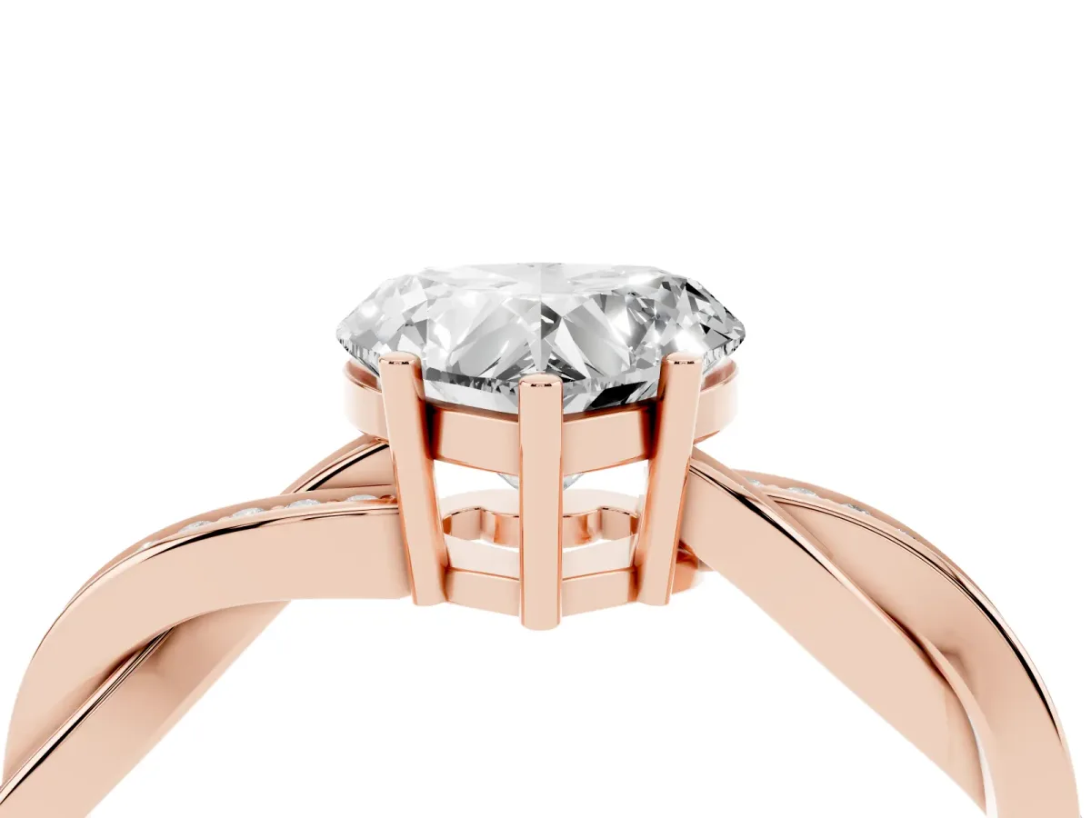 Heart Cut Solitaire Twisted Pave Diamond Ring with Four-Prong Setting Rose gold
