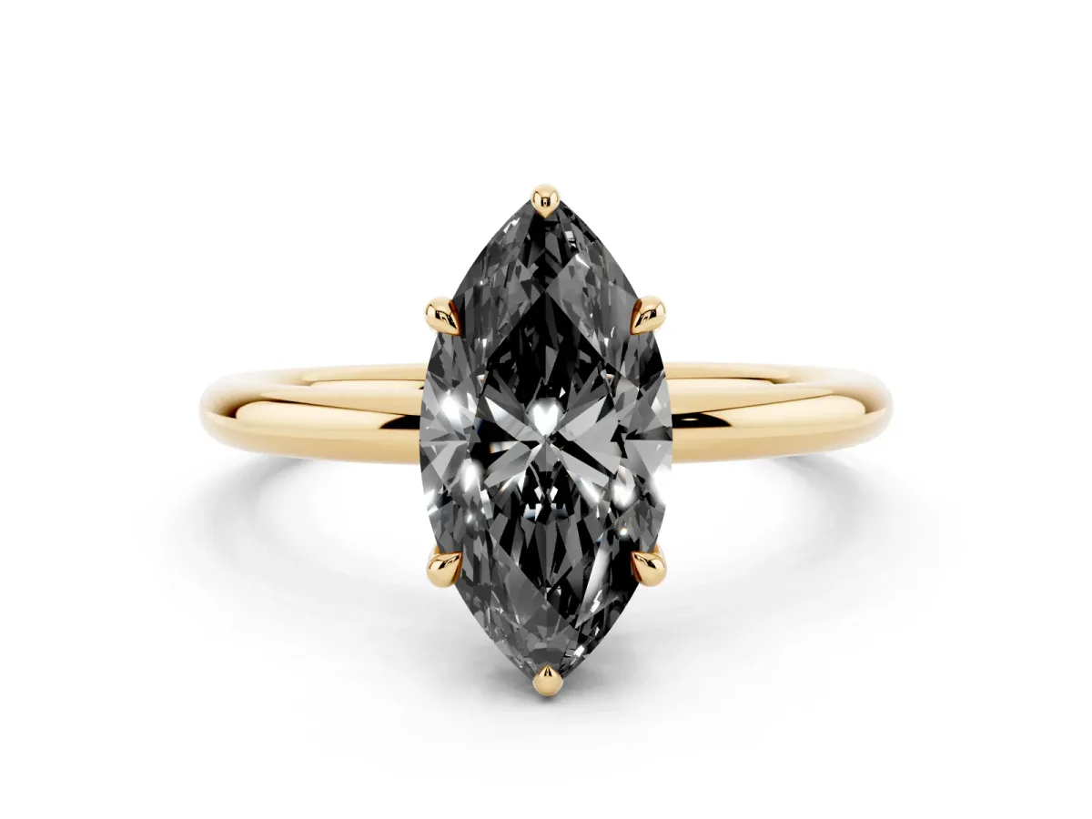 Fancy Black Marquise Cut Diamond Solitaire Ring with Thin Band and Four-Prong Setting Yellow gold
