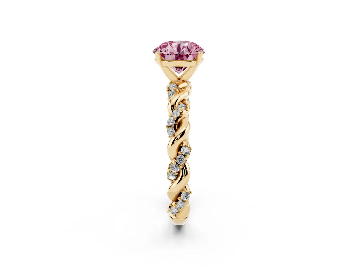 Fancy Pink Round Cut Diamond Solitaire Ring with Twisted Band and Pavé Accents Yellow gold