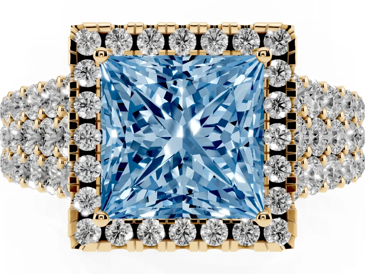 Fancy Blue Princess Cut Diamond Halo Engagement Ring with Triple Row Round Pavé Band and Prong Setting Yellow gold