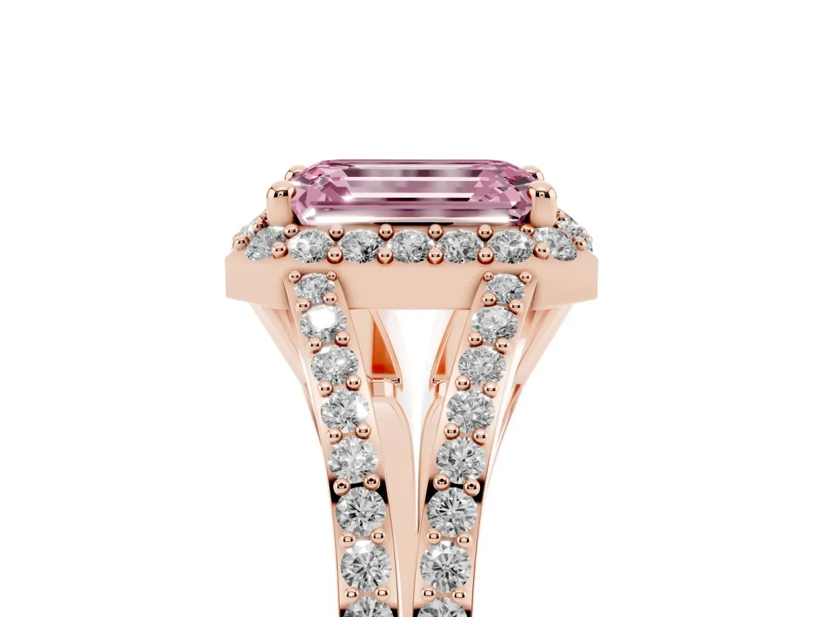 Fancy Pink Emerald Cut Halo Split Shank Diamond Ring with Prong Setting Rose gold